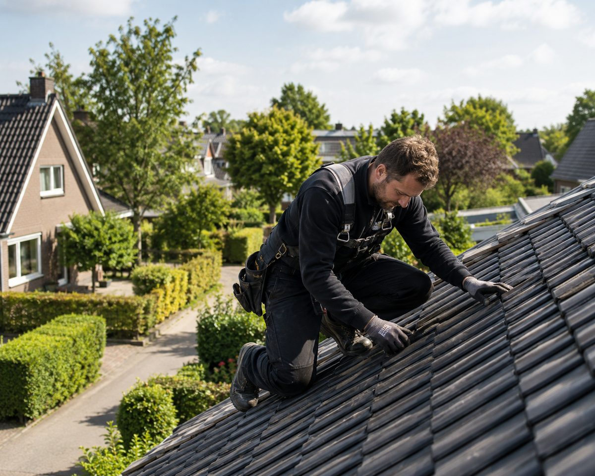 Dakdekker aan het werk op het dak van een woning