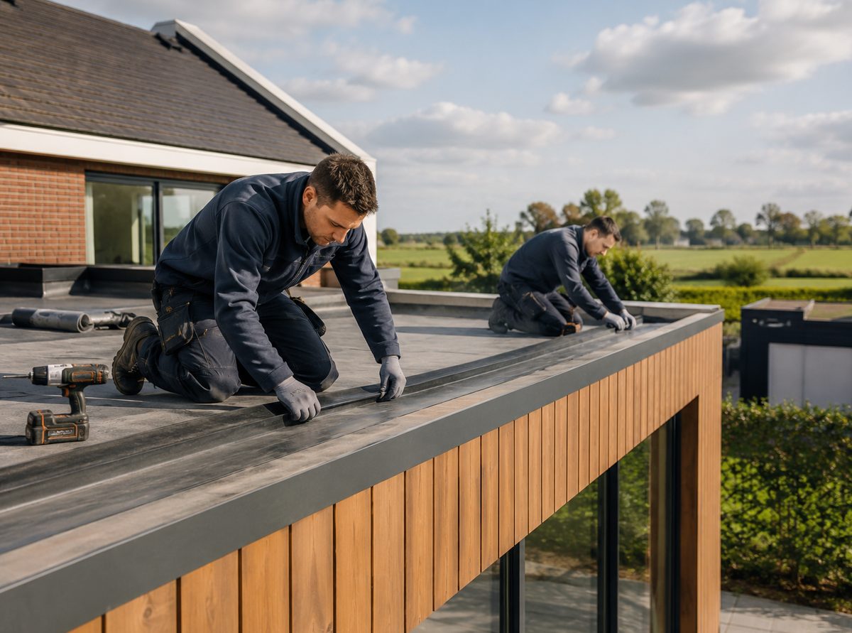 Twee vakmensen werken aan het platte dak van een moderne aanbouw