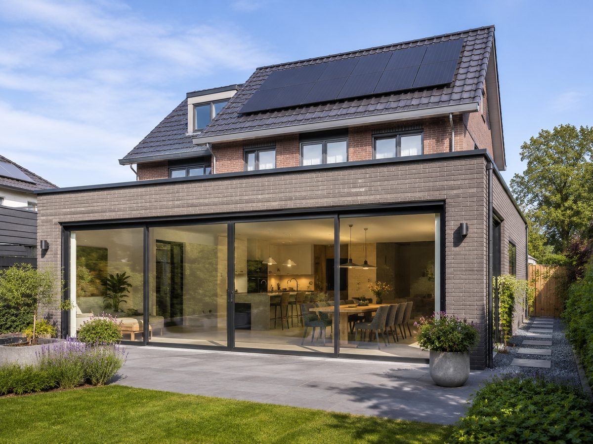 Moderne aanbouw met grote glaspui aan een woning