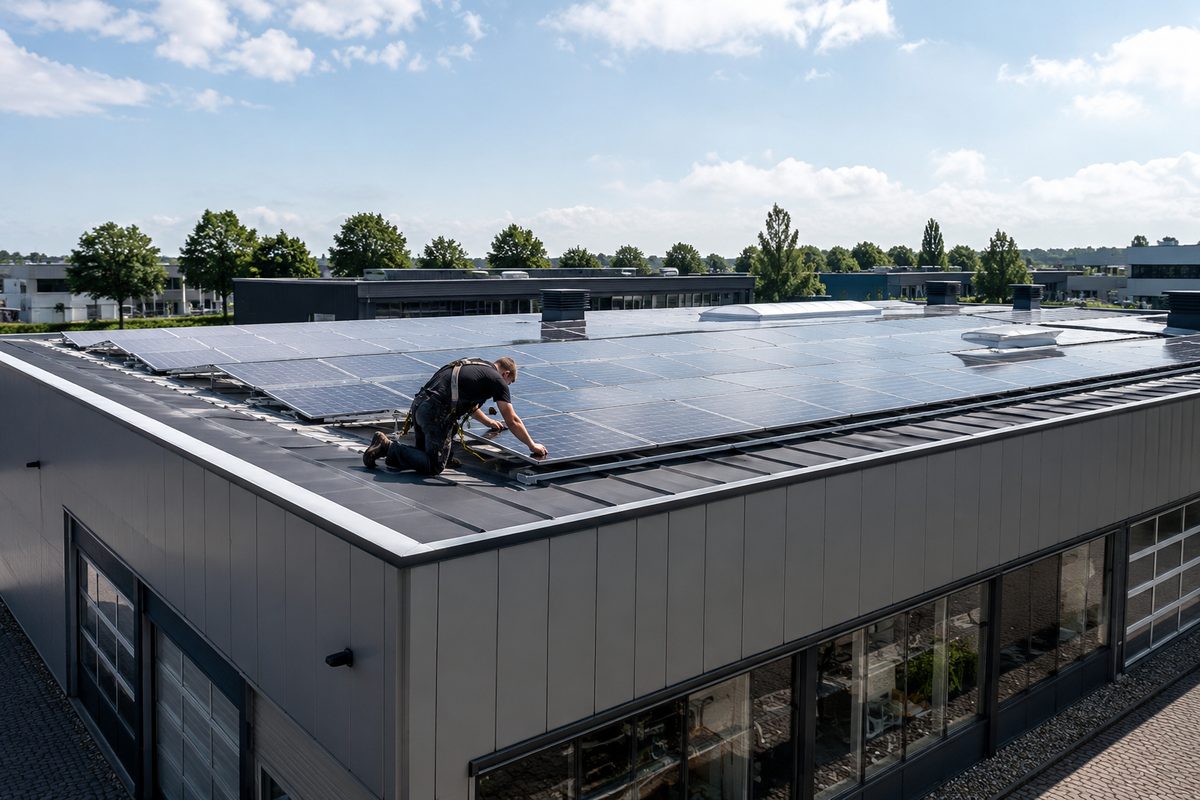Monteur installeert zonnepanelen op het dak van een bedrijfshal