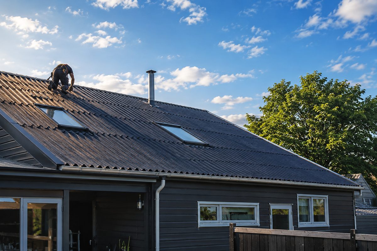 Dakdekker renoveert het golfplatendak van een schuur achter een woning